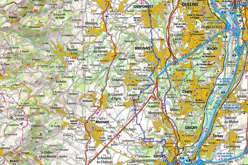 07-02 Karte.jpg - Unsere zweite Etappe (21 km): Südwestlich von Lyon geht es von Chaponost nach Givors